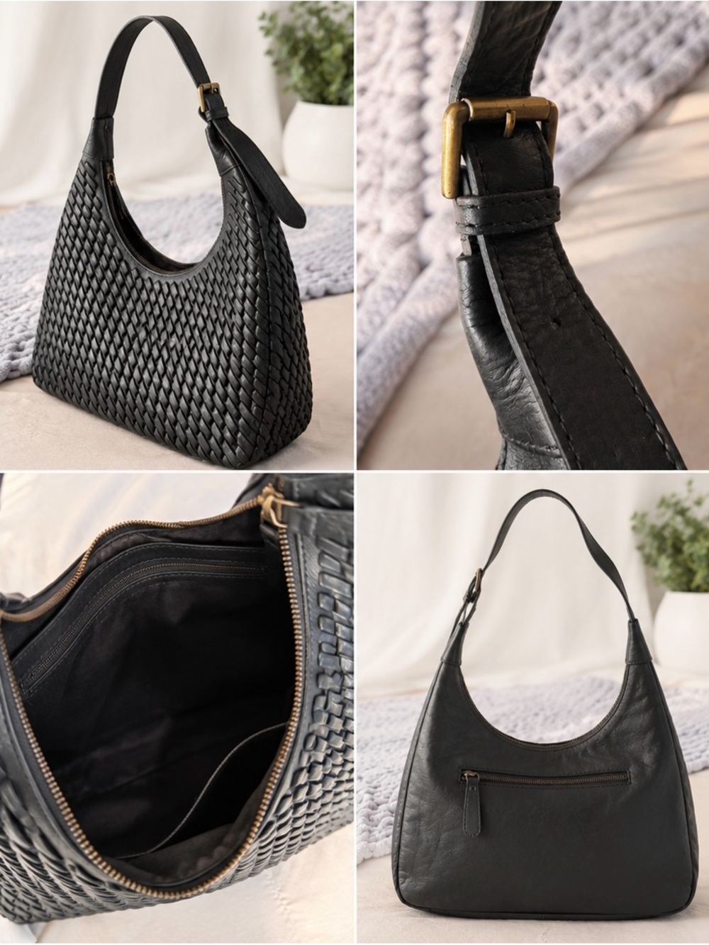 Black Woven Leather Hobo Bag